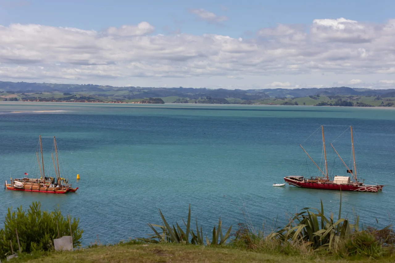 Waka Haurua at anchor on the water
